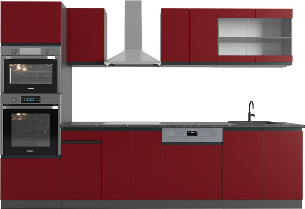 Küchenzeile Vicco R-Line Rot/Anthrazit 300 cm J-Shape, mit Produktbild 