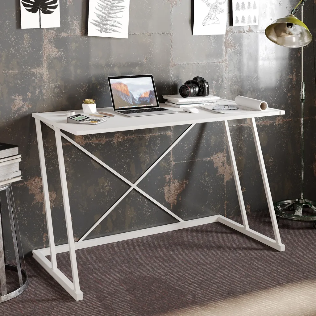 Bureau Blanc Gain de Place 120 cm Anemon, Solution Espace de Travail Robuste