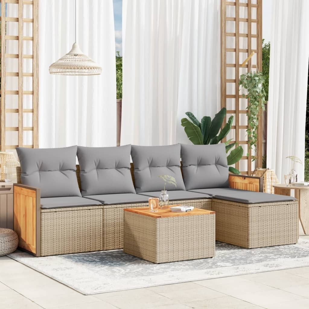 Design 6-tlg. Garten-Sofagarnitur mit Kissen Beige Poly Rattan, Gartenmöbel-Sets 2024 Neu