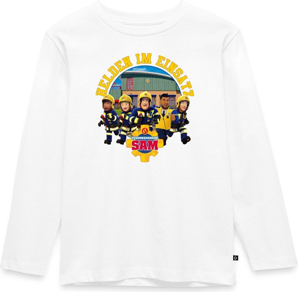 Spreadshirt Feuerwehrmann Sam Helden Im Einsatz Kinder Premium Langarmshirt, 110/116 (4 Jahre), Weiß