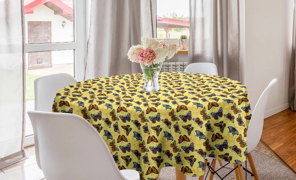 ABAKUHAUS Entomologia Tovaglia rotonda, farfalle dettagliate, tovaglia circolare per sala da pranzo, decorazione cucina, 150 cm, giallo pastello multicolore