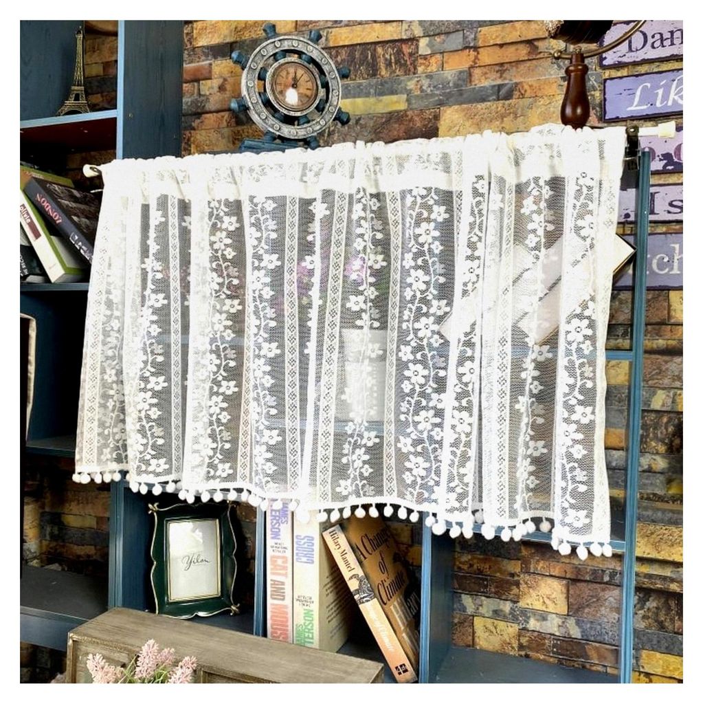 Scheibengardine Küchenvorhang Baumwolle Hohl Boho Kurze Vorhang Stickerei Landhausstil Bistrogardine Spitzen Vorhänge Halbtransparent (90 x 20 cm)