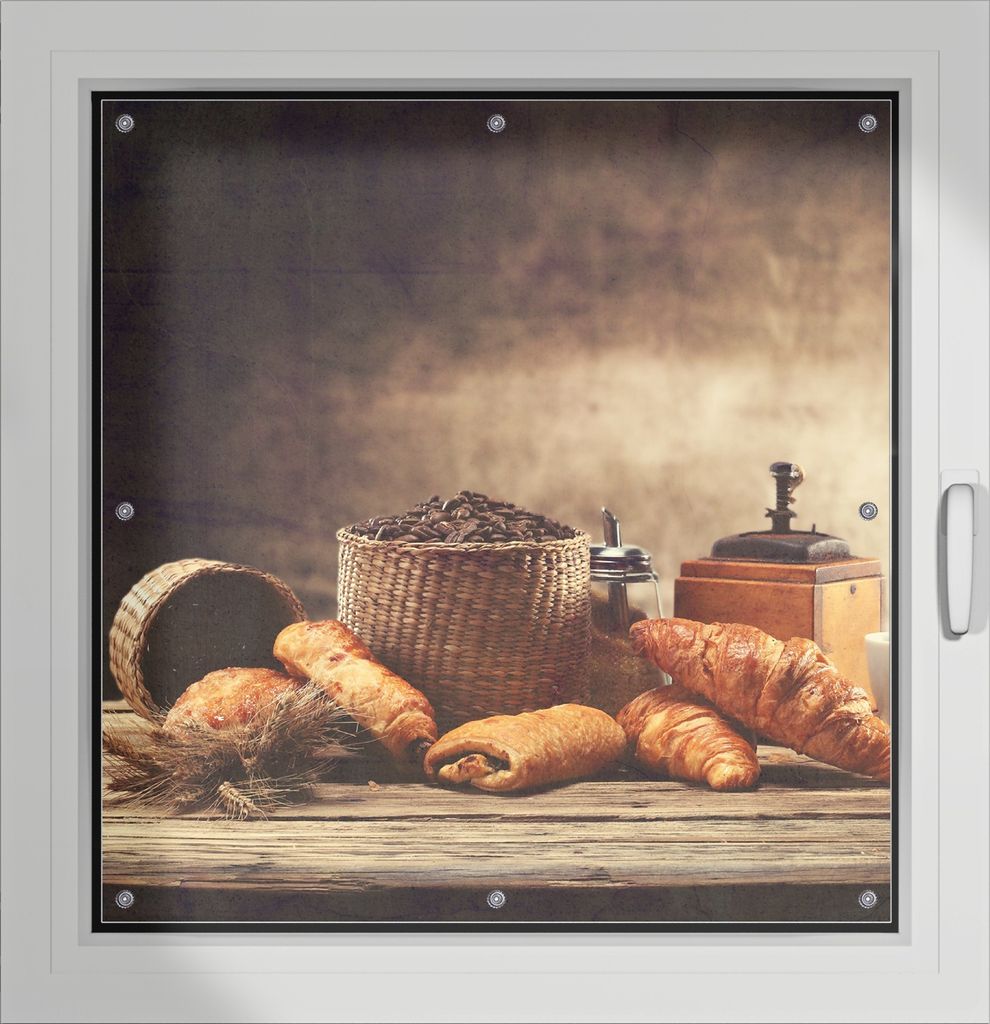 Wallario Lichtschutzbild, Dekorativer Sichtschutz Sonnenschutz 96 x 100 cm mit Motiv: Französisches Frühstück mit Café und Croissants - Verdunk...