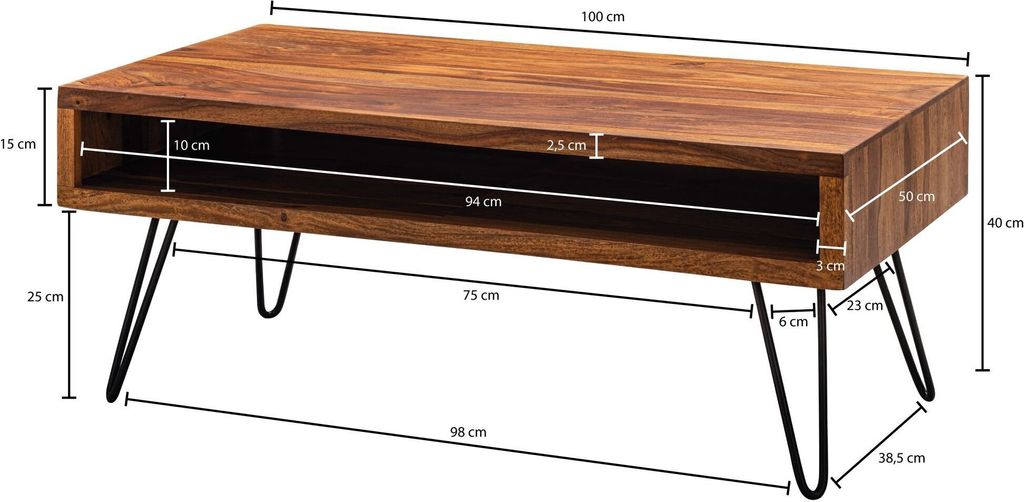 FineBuy Couchtisch Massivholz 100x40x50 cm Wohnzimmertisch Produktbild 3