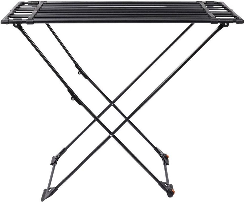 A black metal drying rack is shown against a white background.