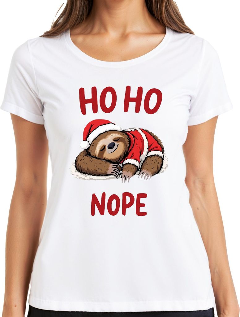 HO HO NOPE Faultier Weihnachtsmütze Schlafend Lustig Geschenk Damen T-Shirt, Weiß, L