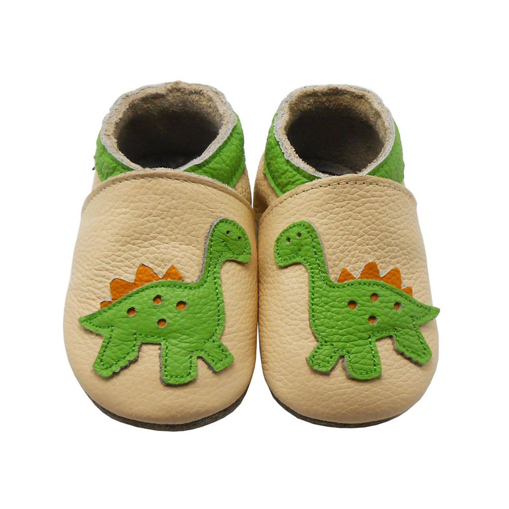 SAYOYO Baby Krabbelschuhe Echtleder, weiche Lauflernschuhe Mädchen & Jungen, rutschfeste Sohle, atmungsaktiv, Dinomotiv, Beige, Gr. S (0–6 Mon...