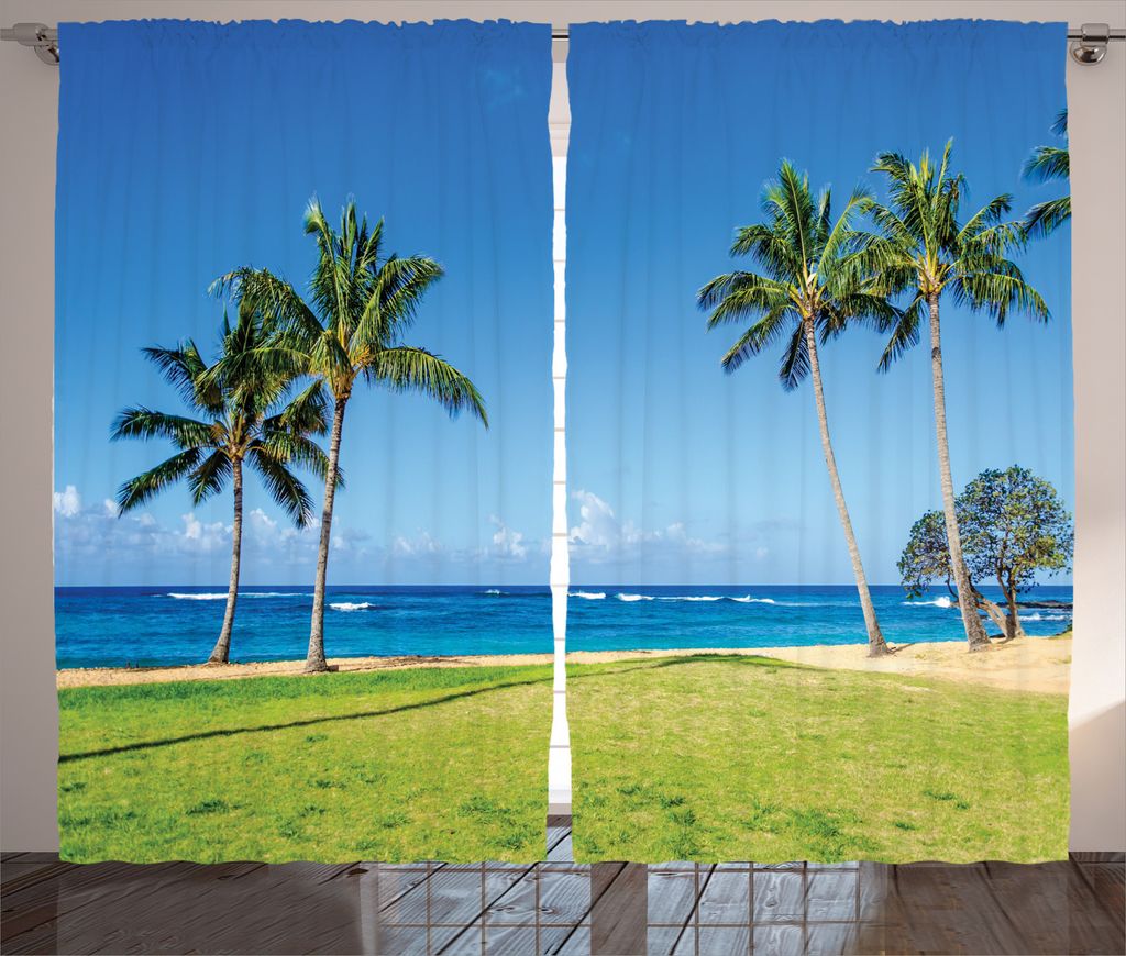 ABAKUHAUS Tropisch Rustikaler Gardine, Kokosnuss-Palme Hawaii, Schlafzimmer Kräuselband Vorhang mit Schlaufen und Haken, 280 x 245 cm, Blau Grün