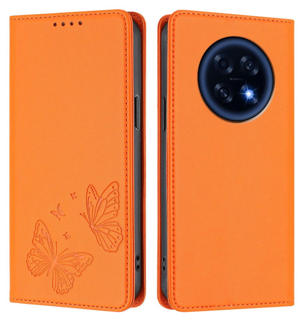 Lederhülle für Oppo A6 GT, Schmetterling Prägung Leder Brieftasche Schutzhülle mit Ständer Orange