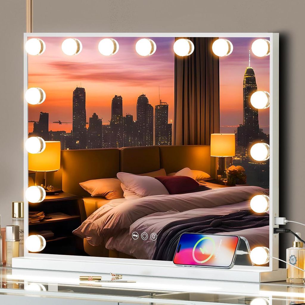 VANITII Hollywood Schminkspiegel 58cm x 48cm Spiegel Dimmbar mit Beleuchtung 15 Dimmer Leuchten 3 Lichtmodus Kosmetikspiegel für Badzimmer Schmink...
