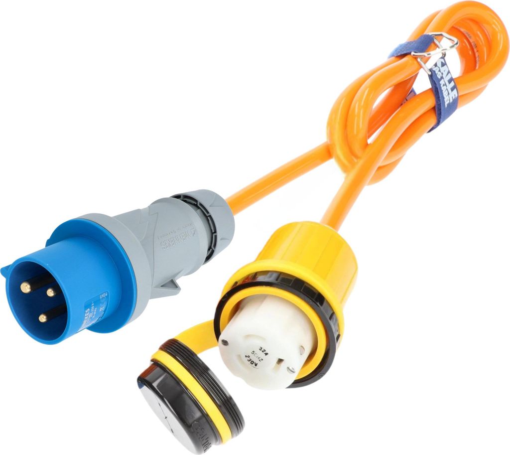 KALLE DAS KABEL PUR Landanschlusskabel H07BQ-F 3G 4,0 mm² 1,5 Meter 230 V 32A mit CEE-Stecker auf US Marinco-Kupplung SIGNAL ORANGE Maritim Bootsk...