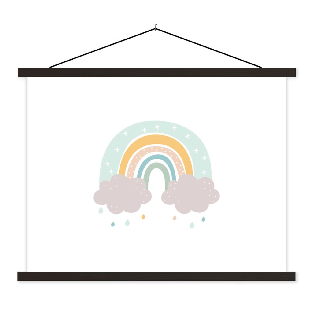 MuchoWow Textilposter Regenbogen - Wolken - Regen - Kinder - Pastell 60x45 cm mit schwarzem Rahmen - Poster Schlafzimmer