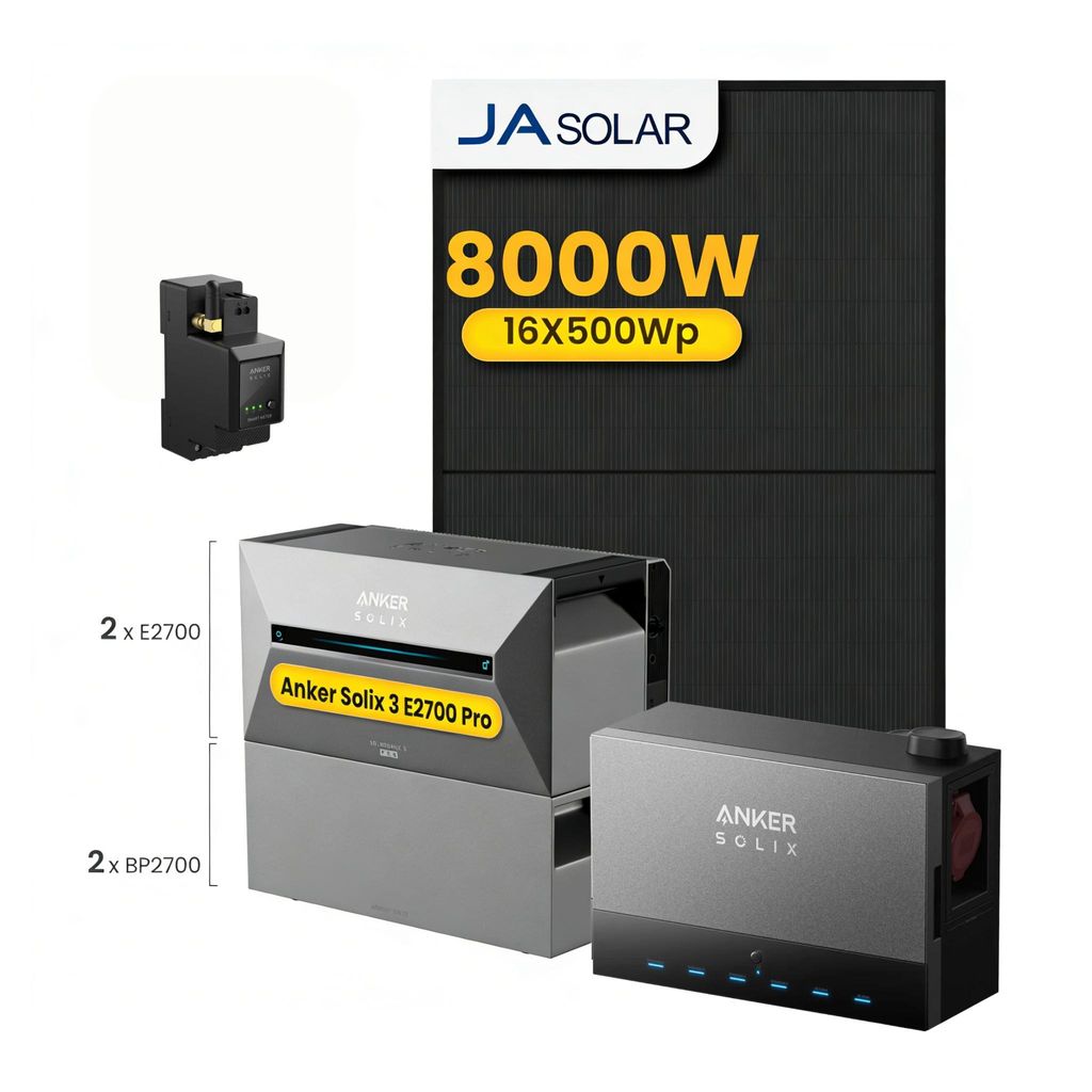 Anker Multisystem SOLIX Solarbank Power Dock mit 2x Solarbank 3 E2700 Pro und 2x BP2700 Erweiterungsakku, 16x 500Wp JA Solar Solarmodule von Powerness