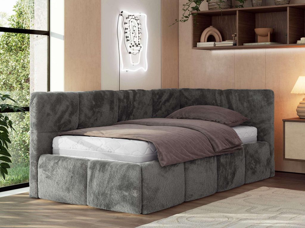 MKS MEBLE Jugendbett 90x200 cm ARVO Polsterbett mit Bettkasten, Mettalrahmen Stauraum & Gasdruckfeder, Multipocket Matratze - Dunkelgrau Plüsch - ...