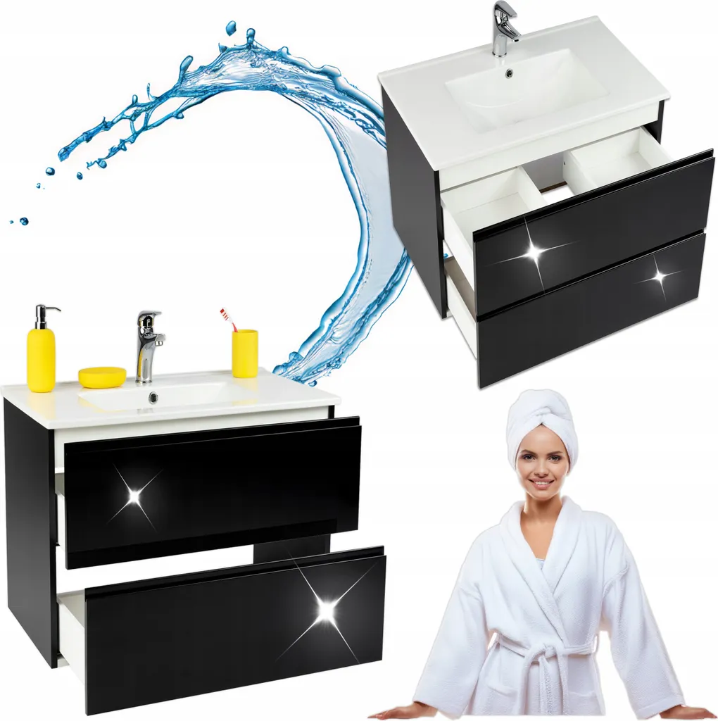 Stamar Armoire de Salle de Bains avec Lavabo Mural Noir 60cm 2 Tiroirs