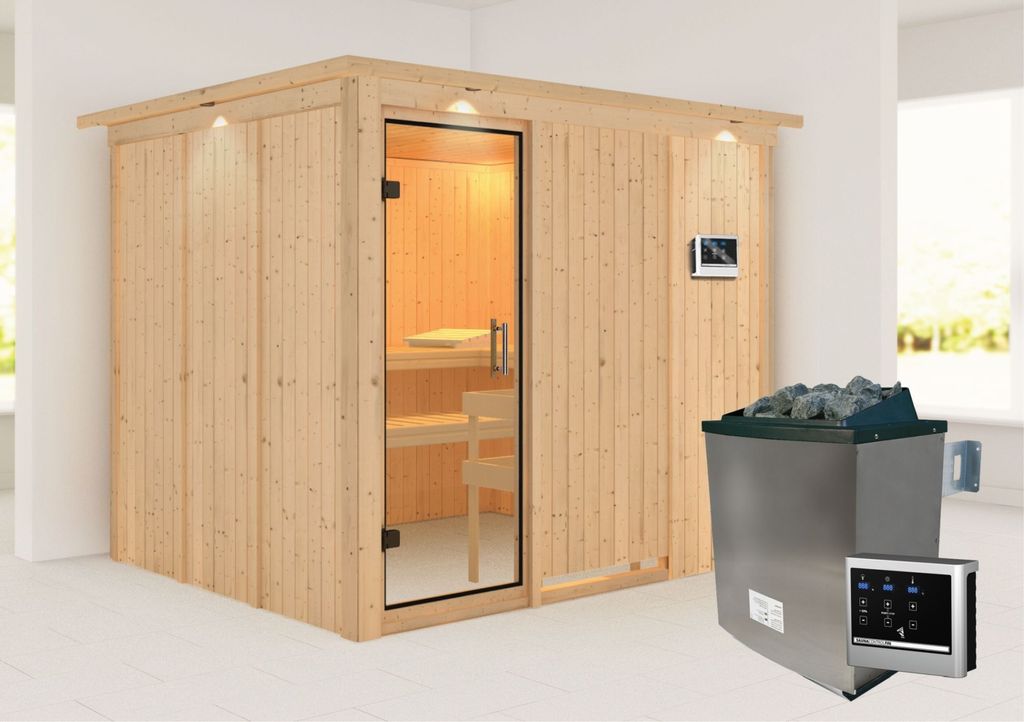 Karibu Sauna Innensauna Gobin Fronteinstieg Ofen 9 KW externe Strg easy 245x210x202 cm mit Dachkranz mit Klarglastür