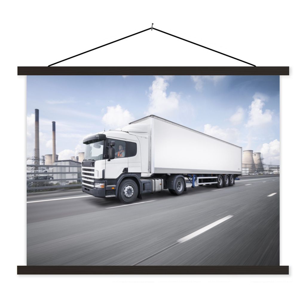 MuchoWow Textilposter Weißer Lkw auf der Autobahn 120x90 cm mit schwarzem Rahmen - Aufhänger für Poster