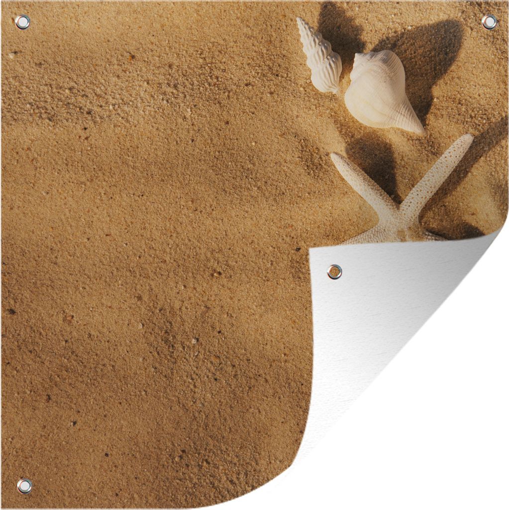 MuchoWow 50x50 cm Outdoor-Poster Gartendeko Sichtschutz Garten Poster für den Garten Seesterne - Muscheln - Sand