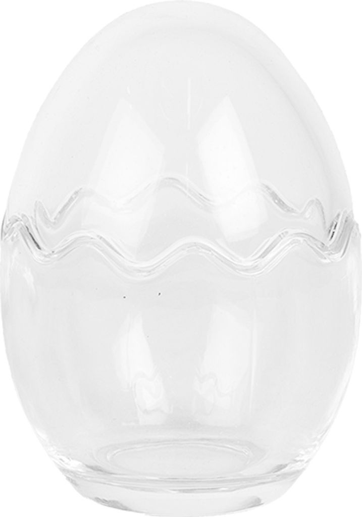 A clear glass jar shaped like an egg with a wavy opening.
