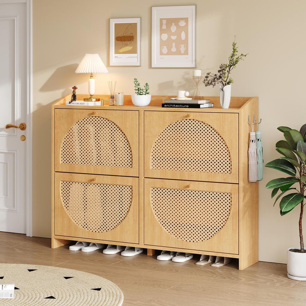 Merax Schuhschrank mit 4 Klapptüren und 8 Fächer, Flurmöbel Schuhregal mit Haken und Rattan Türen, Aufbewahrungsschrank aus MDF-Platten, Naturholz