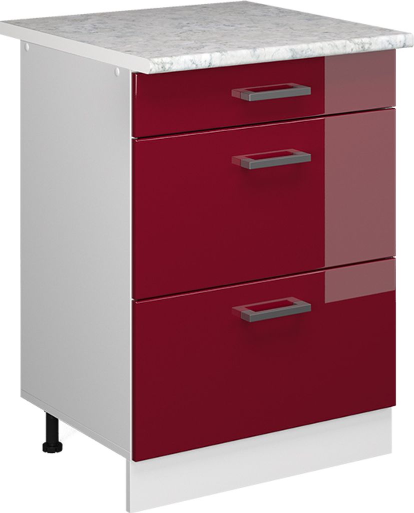 Küchenunterschrank Vicco R-Line Rot Hochglanz 60 cm mit Schubladen, AP Marmor, Model 37721