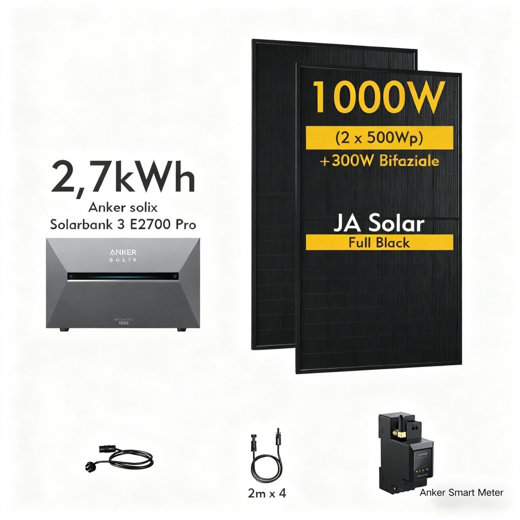 Powerness Balkonkraftwerk mit Speicher, Anker SOLIX Solarbank 3 E2700 Pro mit 2x 500W JA Solar Bifacial Modulen, 4x MC4-Kabel & Anker Smart Meter