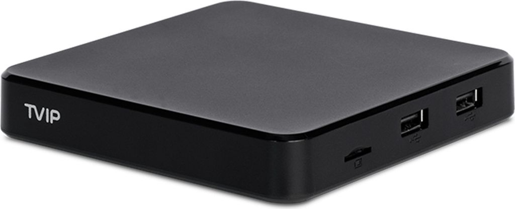 A black TVIP S-Box v.706 4K UHD Android 11 IP-Receiver is shown from a diagonal front-right perspective on a white background.