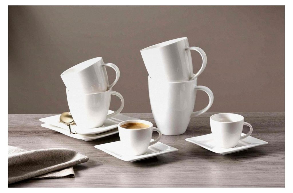 Frühstücksset 18-teilig, Henkelbecher, Dessertteller und Müslischale für 6 Personen, Extravagante Formensprache und schlichtes Design, Porzella...