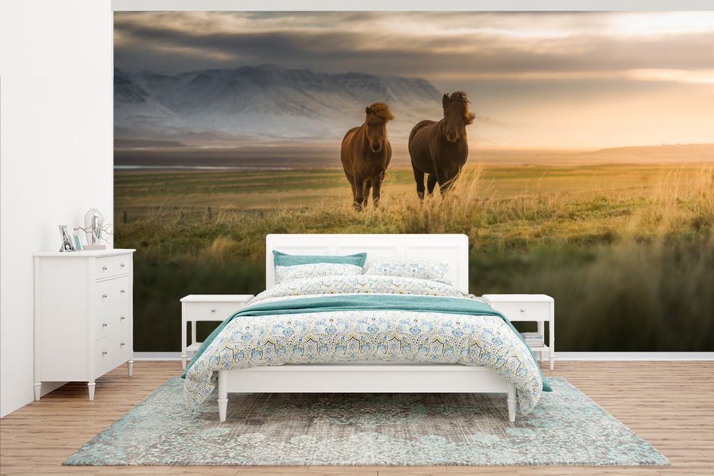 MuchoWow Fototapete für Wohnzimmer oder Schlafzimmer Wandtapete Vinyl Motivtapete Isländerpferde auf einer grünen Wiese bei Sonnenuntergang - ...
