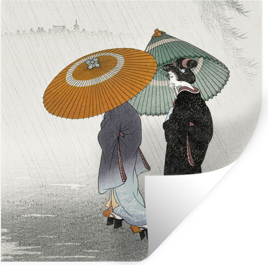 MuchoWow Wandtattoo Wandsticker Wandaufkleber Frauen - Sonnenschirm - Kimono - Japandi - Vintage 30x30 cm Selbstklebend und Repositionierbar - Re...