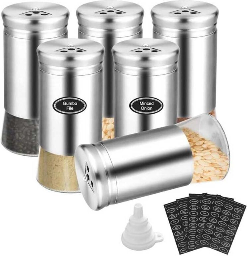 HOMGEN Gewürzdosen 6 Stück 120 ml Edelstahl 304 drehbarer Schraubverschluss leicht zu reinigen schwarze Salz- und Pfefferbehälter mit Etiketten ...