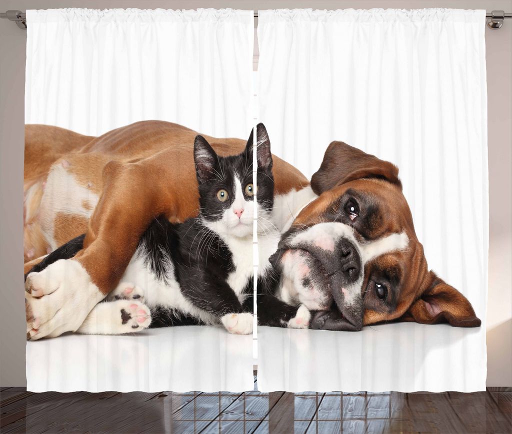 ABAKUHAUS Lustig Rustikaler Vorhang, Katze Hund Friendship, Wohnzimmer Universalband Gardinen mit Schlaufen und Haken, 280 x 175 cm, Braun Schwarz ...