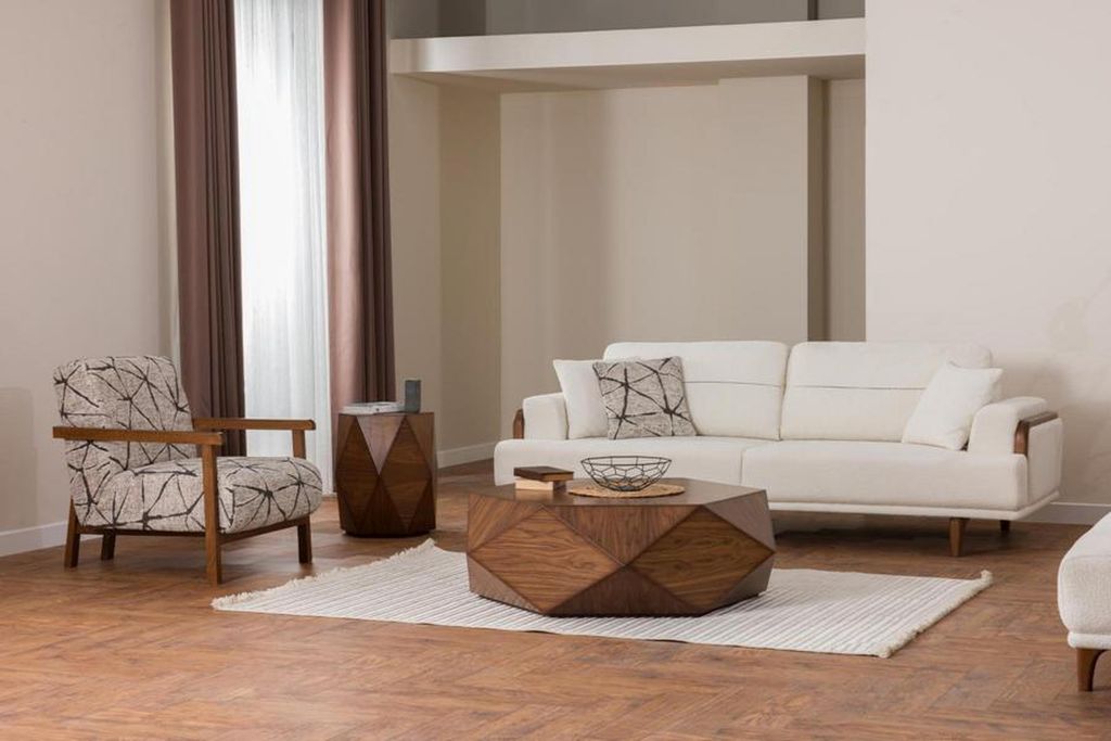 Sofagarnitur 3+1 Sitzer Modern Creme Holzgestell Wohnzimmer Komfort Design