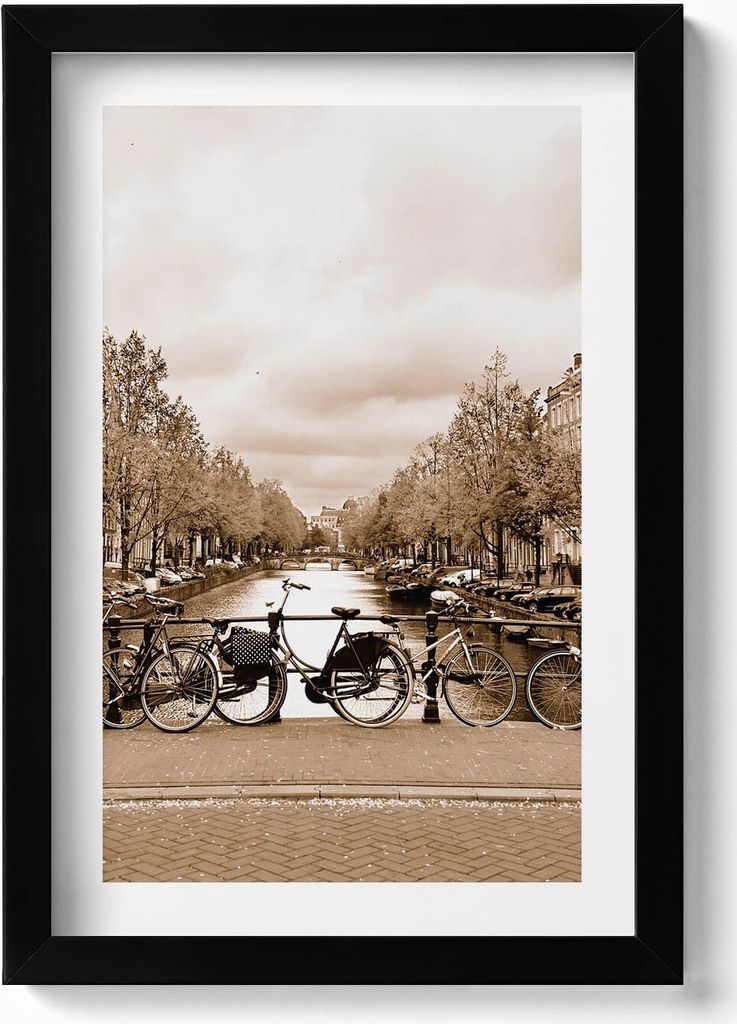 Ansicht von Amsterdam mit Fahrrädern– Wandbild mit Rahmen – Gerahmtes Bild – Wanddekoration – 20x30 cm – Schwarz