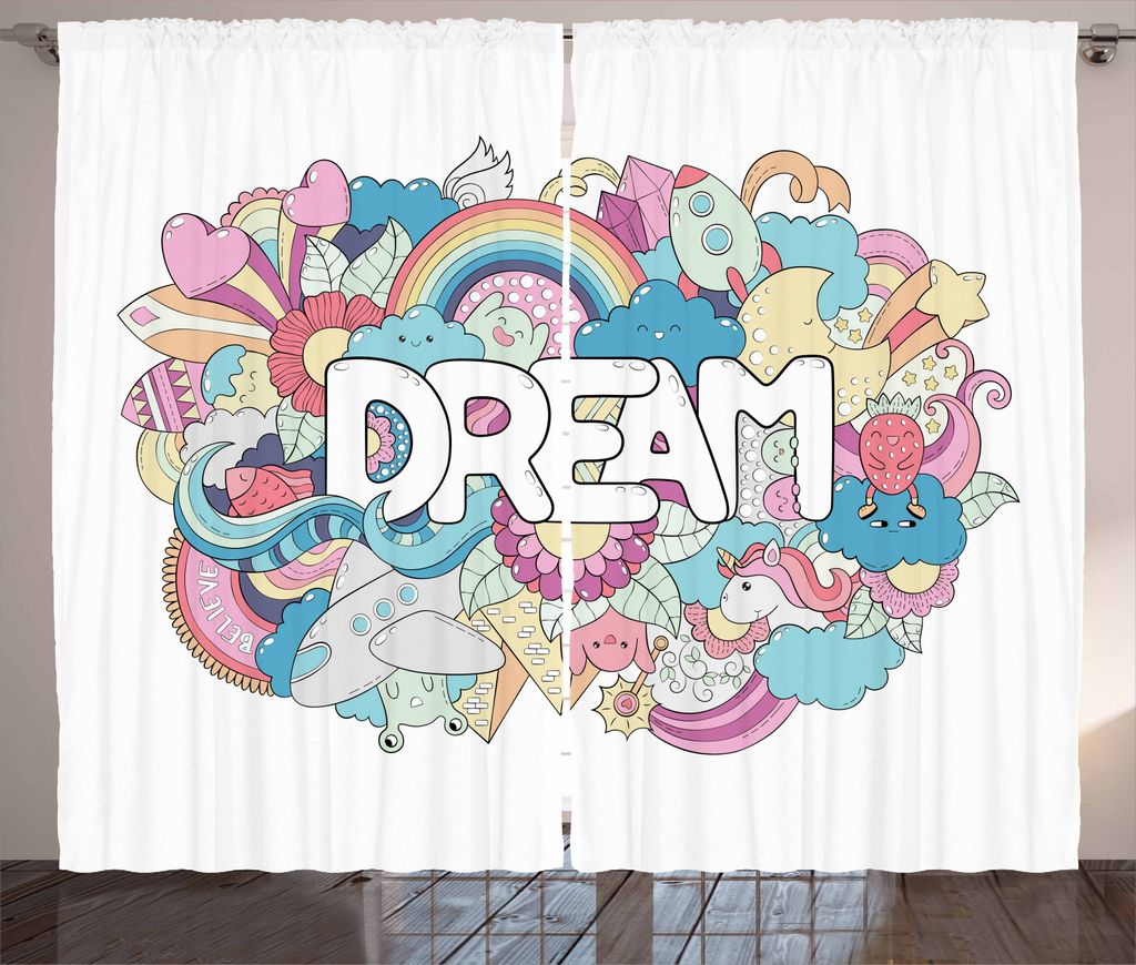 ABAKUHAUS Unicorn-Party Rustikaler Vorhang, kindische Beschriftung, Wohnzimmer Universalband Gardinen mit Schlaufen und Haken, 280 x 245 cm, Mehrfa...