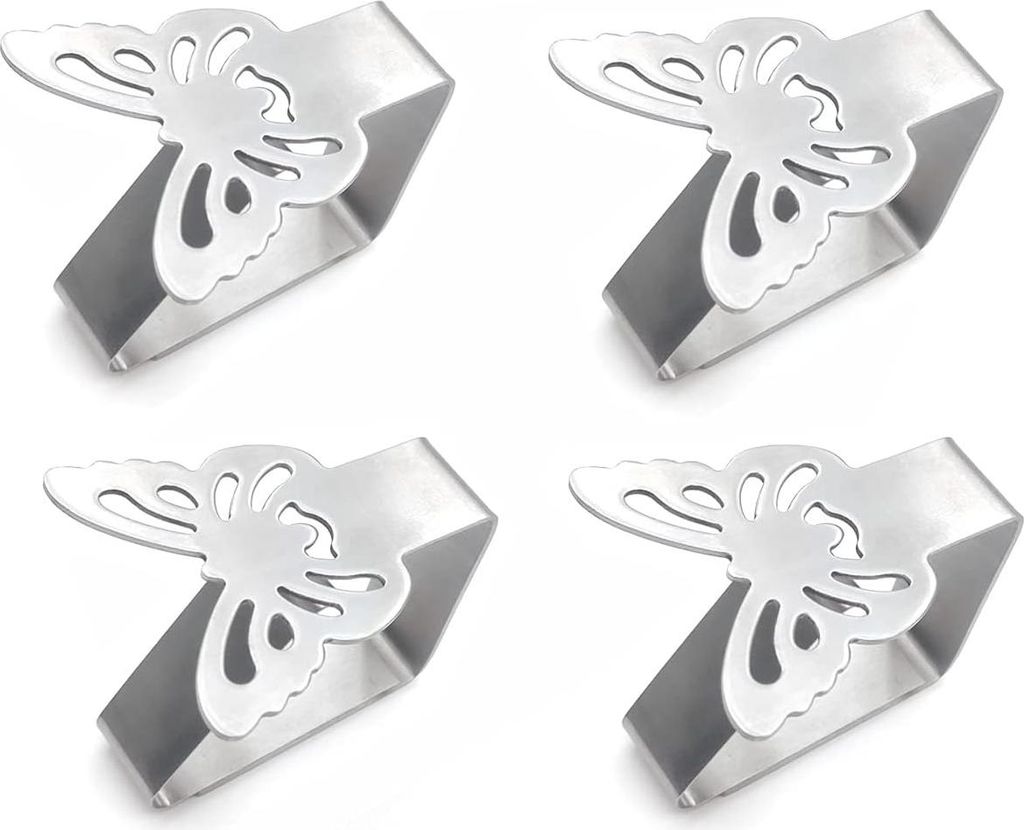 4 Stück Tischdecken-Clips aus Edelstahl - Verstellbare starke Tischdecken-Klemmen für Zuhause, Hochzeit und Picknick (Schmetterling)