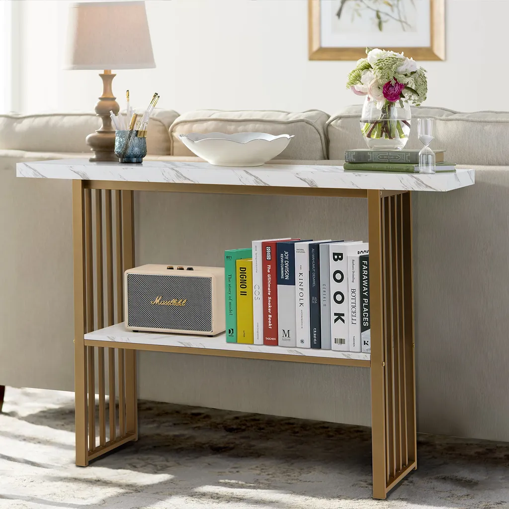 Table basse étroite console d'entrée 120cm effet marbre et métal noir