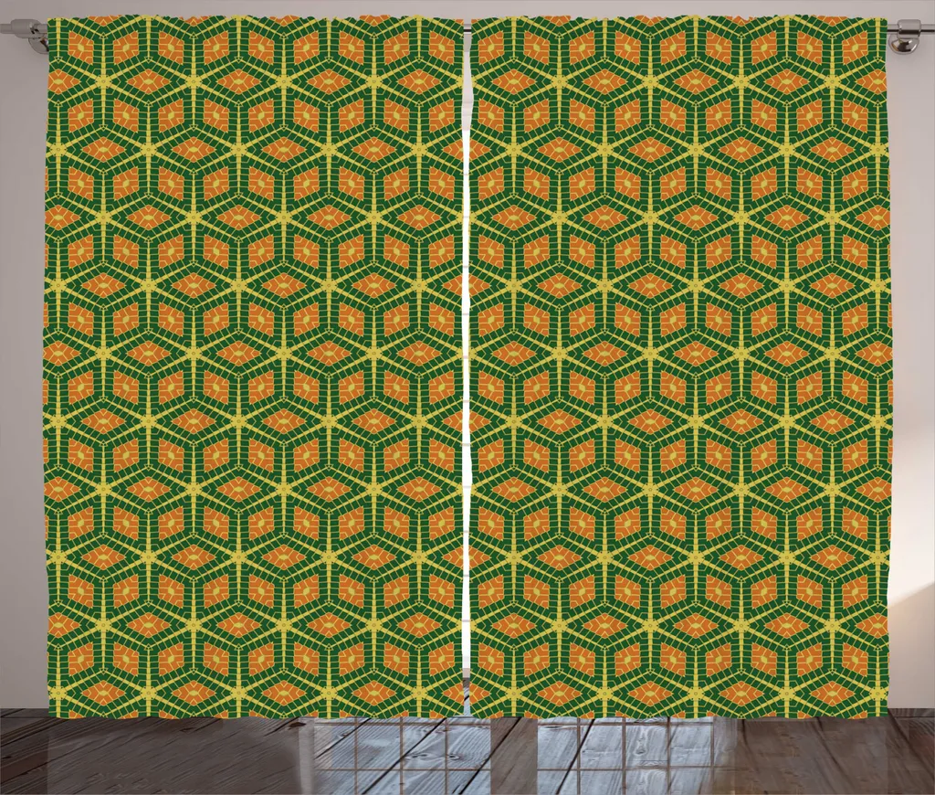 ABAKUHAUS Rideau Rustique à Losanges 280x225cm Vert et Orange Brûlé