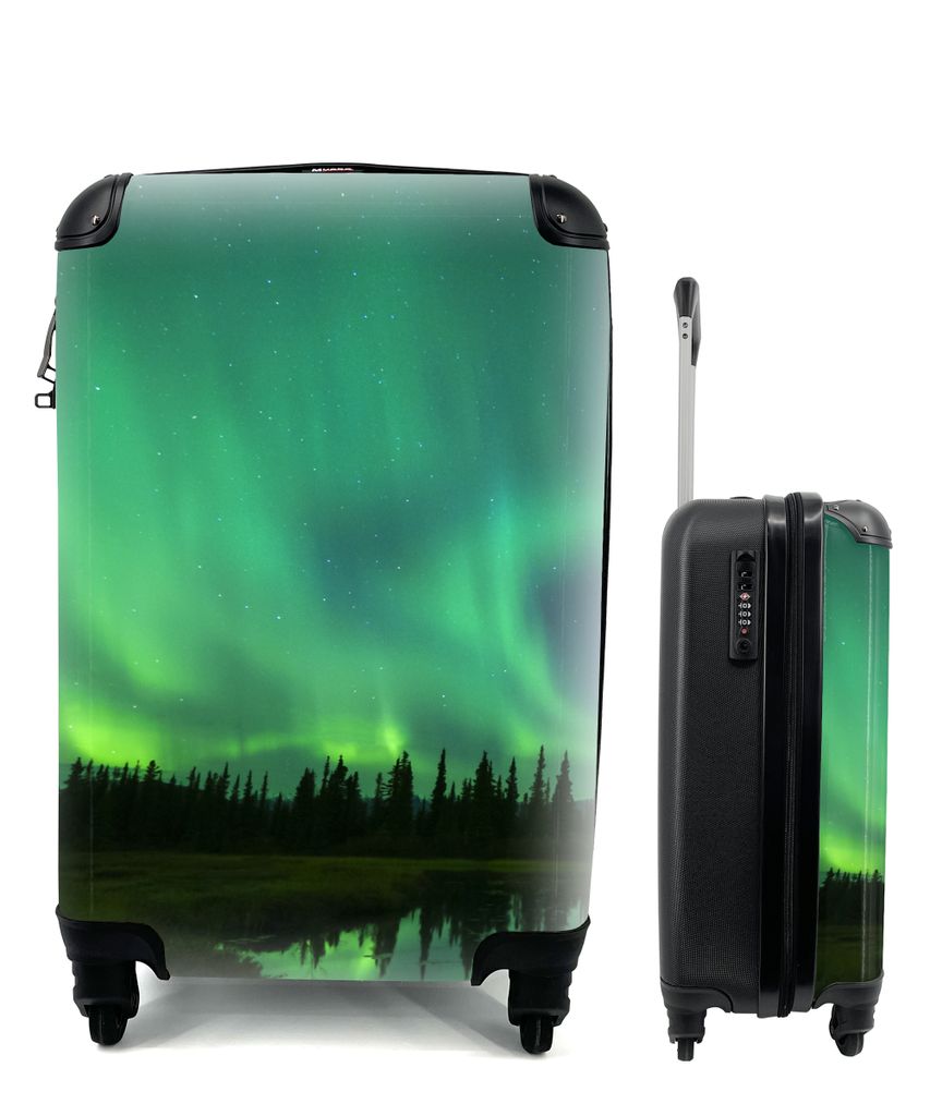 MuchoWow Koffer Handgepäck Trolley Rollkoffer Kleine Reisekoffer mit 4 Rollen - Nordlicht - Bäume - Wasser - Alaska - Cabin Size < 55x40x23 cm ...