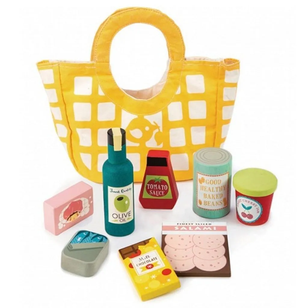 Épicerie en bois naturel Tender Toys - Set avec sac en toile durable