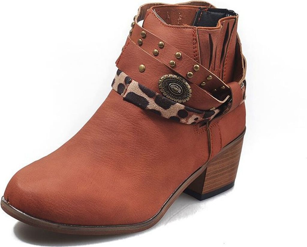 ASKSA Damen Stiefel Absatz Nieten Ketten Blockabsatz Elegant Kurzschaft Stiefeletten, Braun, Größe: 37