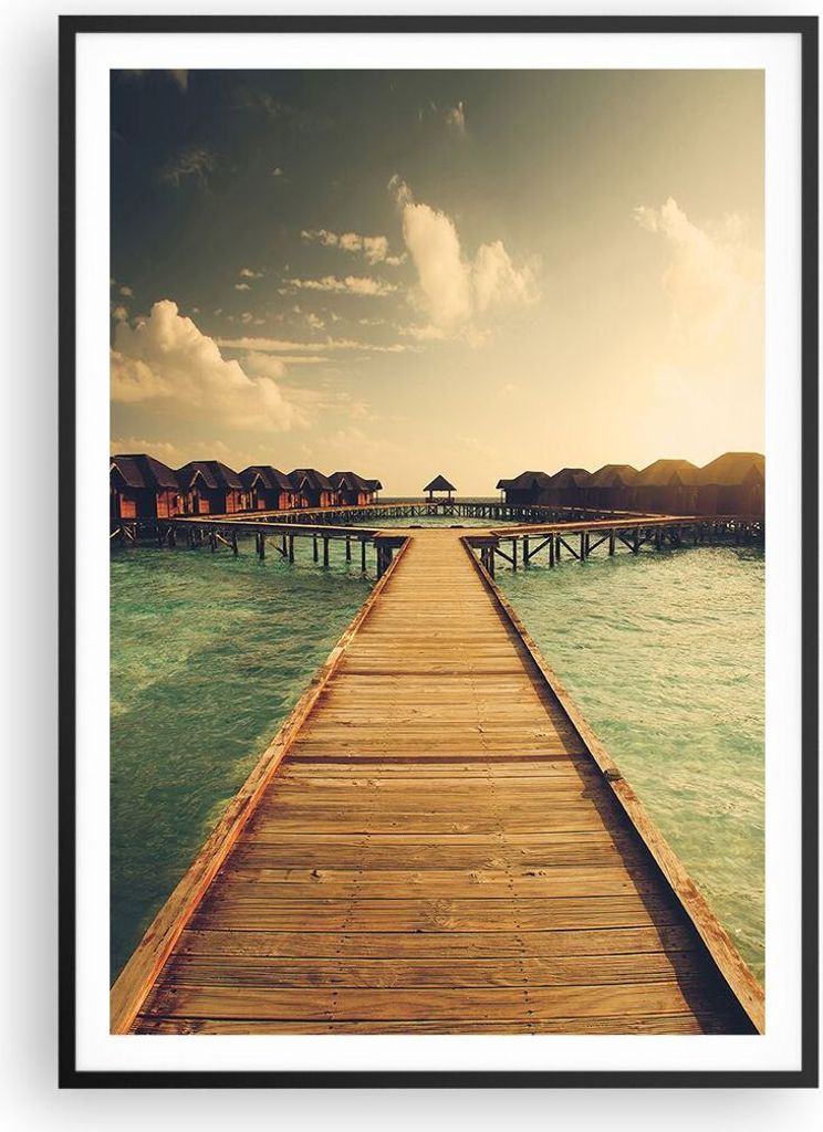 Gerahmtes Poster - Schwarzer Rahmen - Malediven Ferienhäuser Wasser - 70x100 cm - Wand Bild - Wanddeko - Wandbilder - Kunstposter - Wandposter - B...