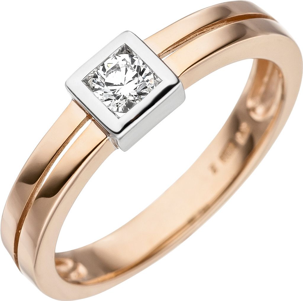 Ring mit weißem Zirkonia Solitär Quadrat 375 Gold Rotgold bicolor Rotgoldring Innenumfang 54mm Ø17.2mm