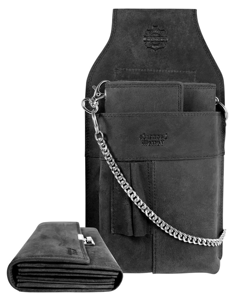 Kellner-Geldbörse aus Leder mit großem Münzfach für Damen und Herren, mit oder ohne Holster und Kette (Schwarz)