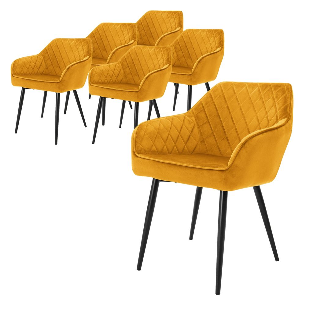 A set of six mustard yellow dining chairs with black metal legs, arranged on a white background.
