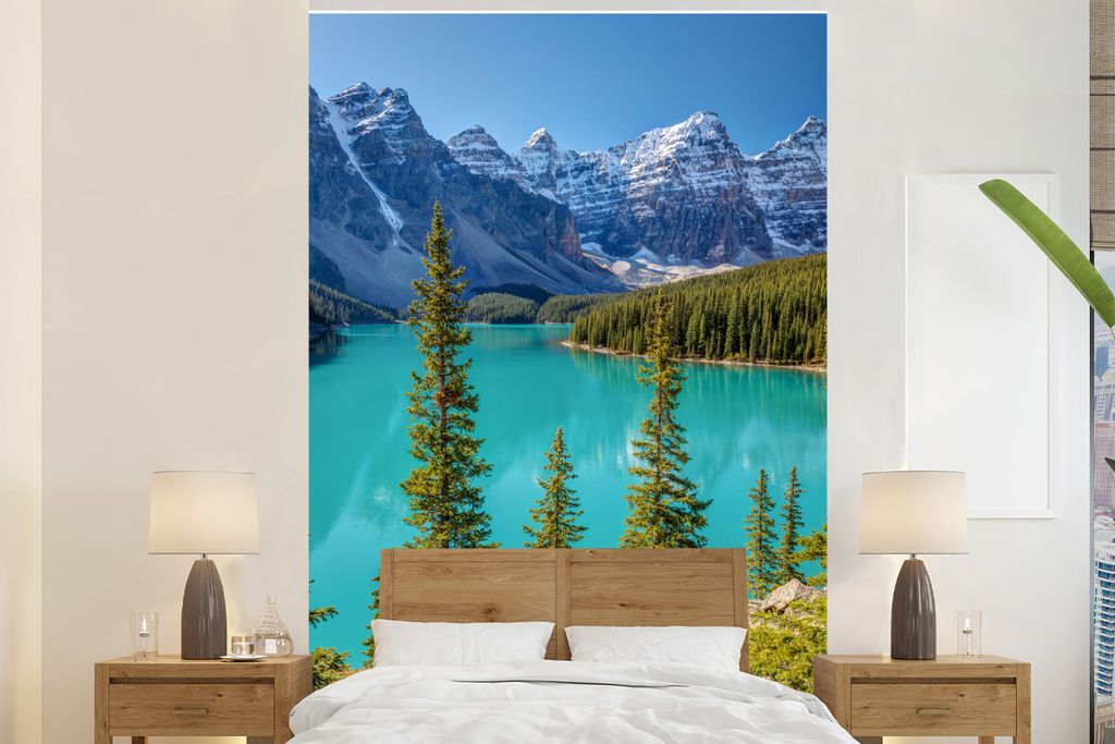 MuchoWow Fototapete für Wohnzimmer oder Schlafzimmer Wandtapete Vinyl Motivtapete Der kanadische Moraine Lake am Nachmittag im Banff National Pa...