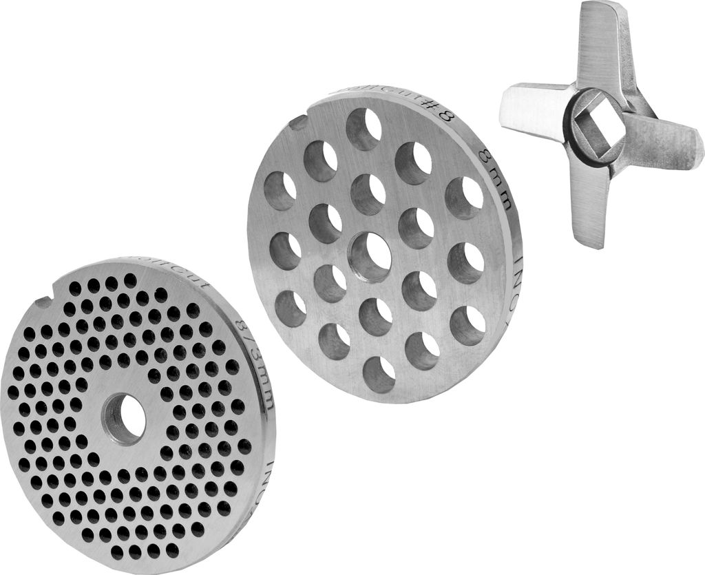 Fleischwolfscheibensatz 3 mm + 8 mm Bohrung und 1 Kreuzmesser für alle gängigen Fleischwolf Größen 8