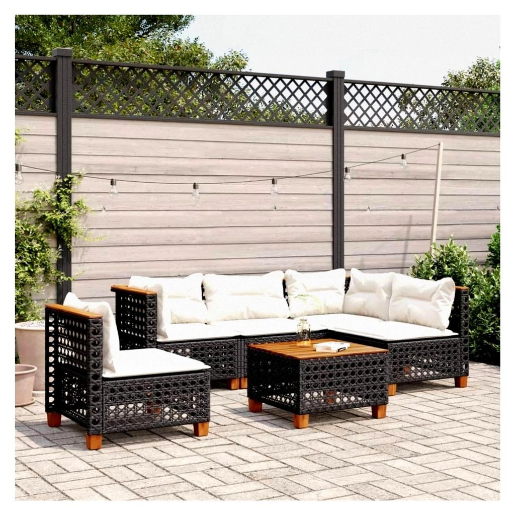 6-teiliges Garten-Sofagarnitur mit Kissen Schwarz Poly Rattan, Balkonmöbel Set, Gartenmöbel Set, Gartenlounge, Terrassenmöbel, Lounge Sofa für ...