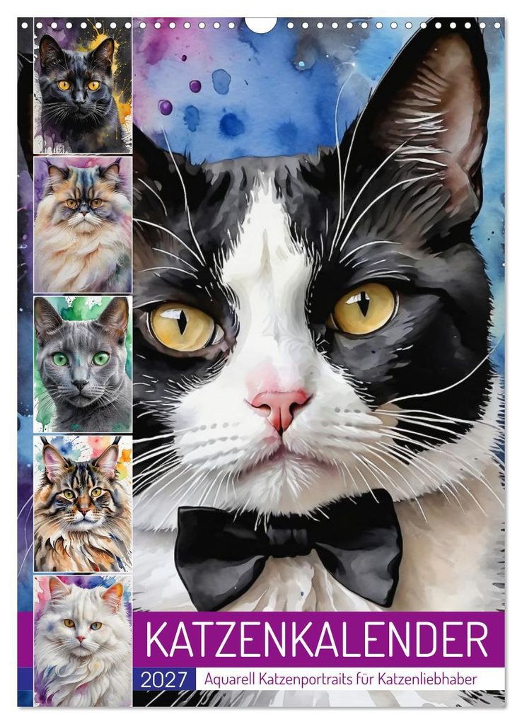 KATZENKALENDER - Aquarell Katzenportraits für Katzenliebhaber (Wandkalender 2027 DIN A3 hoch), CALVENDO Monatskalender
