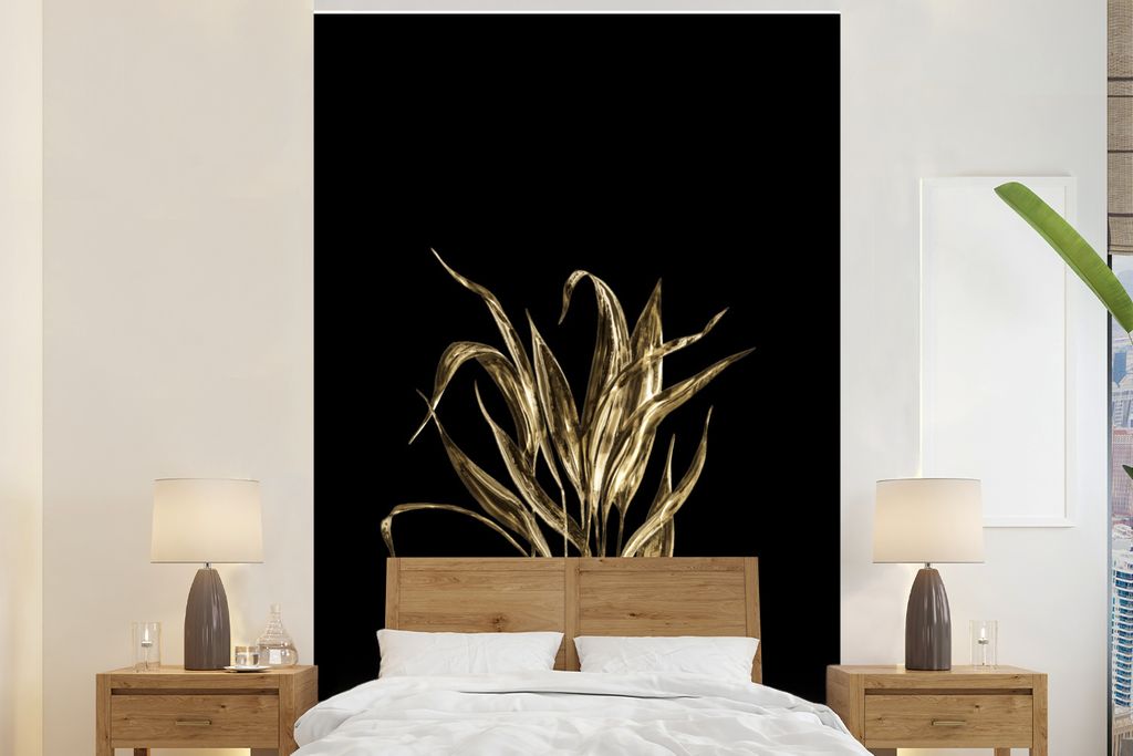 MuchoWow Fototapete für Wohnzimmer oder Schlafzimmer Wandtapete Vinyl Motivtapete Blätter - Gold - Schwarz - 225x350 cm - Schlafzimmer tapete